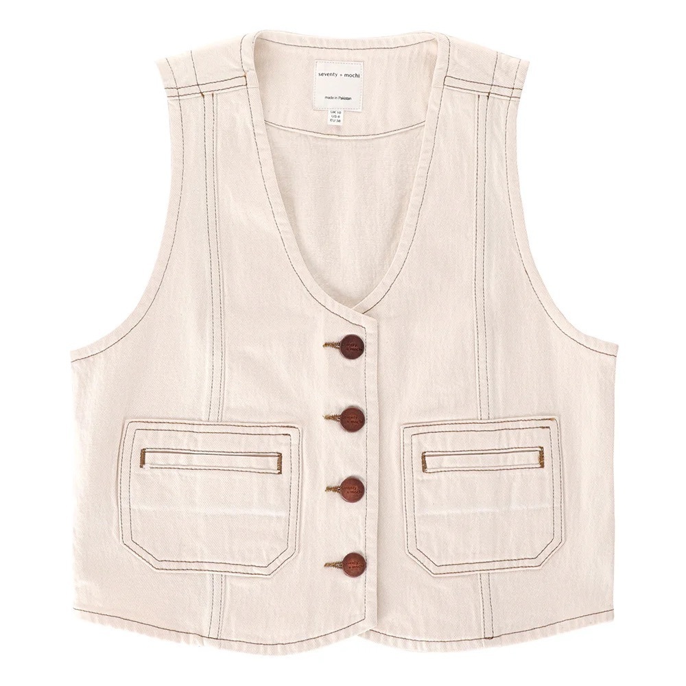 Seventy‎ + Mochi Bea Denim Vest Waistcoat Top Contrast Stitch Ecru 2 EUC - Picture 8 of 8